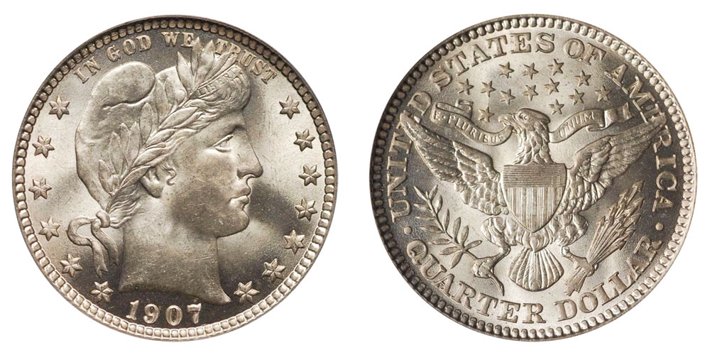 1907 Barber Quarter obverse and reverse showing Liberty portrait, date, mint mark location, and heraldic eagle