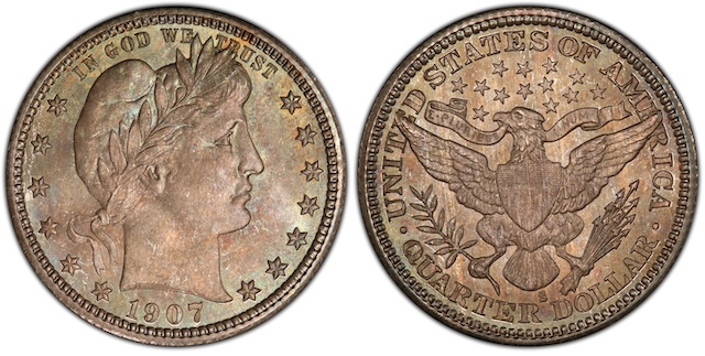 Side-by-side comparison of 1907 Philadelphia quarter (common) versus 1907-S San Francisco quarter (scarce) highlighting mint mark differences