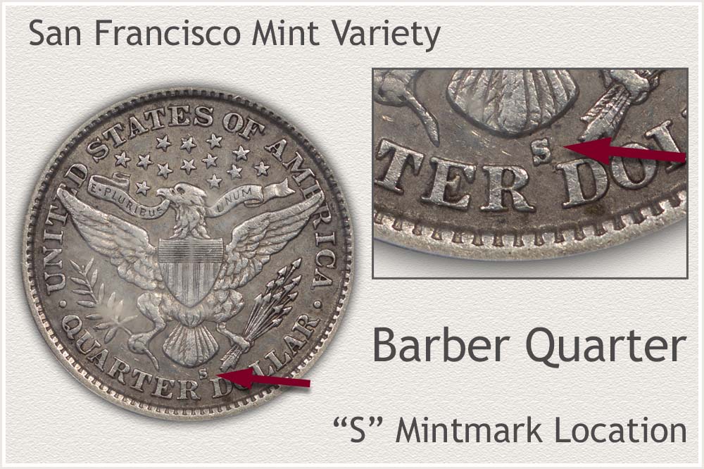 Close-up of 1907-S Barber Quarter reverse showing the S mint mark below the eagle's tail feathers