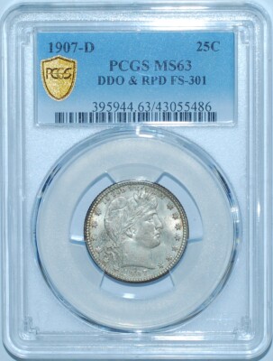 Close-up of 1907-D Barber Quarter obverse showing FS-301 doubled die doubling on stars and ribbon ends