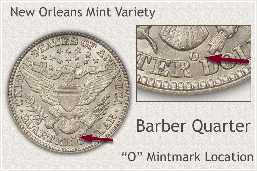 1907-O Barber Quarter showing the characteristic weak strike and mumps distortion on Liberty's neck and jaw area
