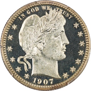 1907 Proof Barber Quarter showing brilliant mirror fields and cameo contrast on Liberty's portrait