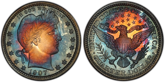Group of 1907 Barber Quarters from all four mints (Philadelphia, Denver, New Orleans, San Francisco) arranged to show mint mark differences