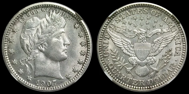 Grading strip showing four 1907 Barber Quarters in ascending condition from Good (heavily worn) to Mint State (gem uncirculated)